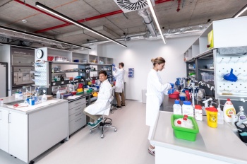 Centrum translačního výzkumu PharmTheon se nachází na pražské Harfě. Disponuje širokým odborným zázemím v medicinální chemii, molekulární a buněčné biologii, což vytváří ideální podmínky pro inovativní komerční výzkum v oblasti vývoje léčiv. Na snímku zleva biologové Michal Buša, Michal Svoboda a Valeriia Kopytko.