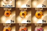 Na prvním snímku vidíme čistou kapku slitiny sodíku a draslíku, na dalších vidíme tuto kapku vystavenou působení vodní páry 10-4 mbar. Na kapce se usazuje vrstvička vody, v níž se rozpouštějí elektrony uvolňované z kovu, čímž získá zlatý kovový lesk.